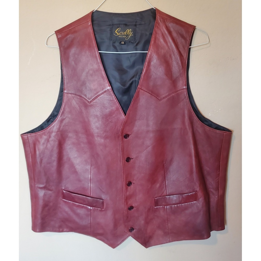 Scully Mens Burgundy Leather Western Vest Pointed Yoke Size 48 Oxblood Red